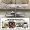 A collage showing a coffee table in a living room setting and then in different room settings (living room, study, bedroom, office) with text describing its versatility. Produktbild-Vorschau