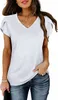 ASKSA Damen V-Ausschnitt Kurzarm T-Shirt Blütenblatt Ärmel Produktbild-Vorschau 2