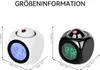 Two cube-shaped projection alarm clocks, one white and one black, are shown with size dimensions indicated. Produktbild-Vorschau