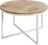 A round coffee table with a wood-look top and white metal legs is shown against a white background. Náhľad obrázku produktu