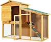 A wooden outdoor enclosure for small animals, like rabbits or guinea pigs, with a ramp and multiple doors. Náhled obrázku produktu