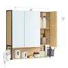 A bathroom cabinet with mirrored doors and open shelving, displaying various toiletries and accessories. Produktbild-Vorschau