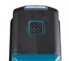 Close-up of the top of a black and blue battery-powered device, showing a power button with a circular symbol. Produktbild-Vorschau