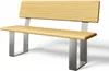 A product shot of a modern bench with a wooden seat and backrest, supported by sleek metal legs. Produktbild-Vorschau