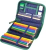 An open pencil case filled with colored pencils and other stationery items. Produktbild-Vorschau