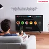 A person is sitting on a couch watching a Thomson TV that displays a user profile selection screen. Produktbild-Vorschau