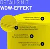 Close-up of a yellow pouf with text overlays highlighting its features. Anteprima dell’immagine prodotto