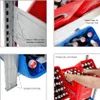 A collage of four images showing details of a beverage crate storage rack, including its construction and ease of use. Produktbild-Vorschau