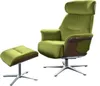 A green velvet armchair with a matching ottoman on a white background.