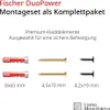 A product image showing Fischer DuoPower mounting hardware, including wall plugs and screws, with descriptive text. Produktbild-Vorschau