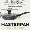 A frying pan with a lid is shown, with icons and text indicating its features and compatibility. Produktbild-Vorschau