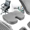 A collage of images showing an orthopedic seat cushion, an office chair with the cushion, and packaging for the cushion. Náhled obrázku produktu