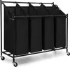 A black four-compartment laundry sorter with wheels on a white background. Voir les images du produit