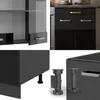 A collage of images showing different parts of a black high-gloss kitchen cabinet, including its interior, drawers, and adjustable legs. Produktbild-Vorschau