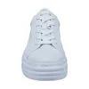 A white sneaker with a platform sole is shown from the front against a white background. Produktbild-Vorschau