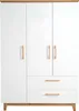 A white wardrobe with wooden handles and trim, shown against a white background. Produktbild-Vorschau