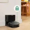 A robot vacuum cleaner docked in its charging station, with a graphic overlay indicating a child lock feature. Voir les images du produit