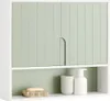 A white cabinet with light green doors and a shelf below, containing bathroom accessories. Náhled obrázku produktu