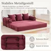 A red sofa bed is shown in a room, with close-up shots and feature highlights. Produktbild-Vorschau