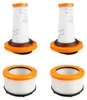 Four vacuum cleaner filters are displayed against a white background. Two are upright cylindrical filters with orange tops and black seals, and two are shorter, wider cylindrical filters with orange rims and black bases. Produktbild-Vorschau