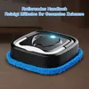 A robotic floor cleaner with a blue microfiber pad is shown on a wooden floor, with text overlay. Produktbild-Vorschau