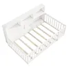 A white wooden bed frame with a built-in bookshelf headboard and slatted base, shown from a high angle. Produktbild-Vorschau