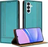 A teal flip case for a smartphone is shown open, with the phone displaying a colorful screen. The case is standing upright, showcasing its stand function. Produktbild-Vorschau