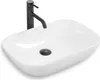 A white oval countertop sink with a black faucet and drain. Náhled obrázku produktu