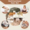 A collage of images showcasing a multifunctional desk bed for children, highlighting its various uses: sleeping, reading, storage, and office/study. Produktbild-Vorschau