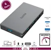A gray USB hub with multiple blue USB ports, shown from a slightly elevated angle. Various icons and text describe its features and connectivity. Anteprima dell’immagine prodotto