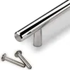 A polished chrome cabinet handle and two screws on a white background. Produktbild-Vorschau
