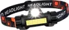 A close-up shot of a black LED headlamp with an orange and black patterned strap. Anteprima dell’immagine prodotto