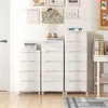 Three white storage cabinets are shown in a room with artwork on the wall and a desk to the right. Náhled obrázku produktu