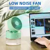 A green mini-fan is shown on a desk next to a laptop, with blue lines indicating airflow. Produktbild-Vorschau