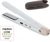 A white and beige cordless hair straightener with a digital display and control buttons, shown with a gray protective cover in the background. Produktbild-Vorschau