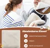 A woman is putting a cushion into a washing machine, with a close-up of the cushion and text highlighting its features. Produktbild-Vorschau