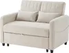 A beige sofa bed with two throw pillows is shown from the front. Produktbild-Vorschau