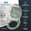 A toilet seat with a leaf pattern is shown, with text highlighting its features and benefits. Náhled obrázku produktu