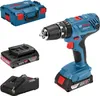 A Bosch cordless hammer drill set, including the drill, two batteries, a charger, and a carrying case, arranged on a white background. Voir les images du produit