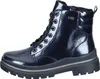 A single blue patent leather boot with black laces and a thick black sole, shown from the side against a white background. Produktbild-Vorschau