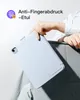 A person's hand is holding a light blue iPad case with a keyboard attached, resting on a gray fabric surface. Produktbild-Vorschau