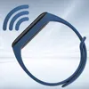 A close-up, side view of a blue fitness tracker on a light, abstract background. Produktbild-Vorschau