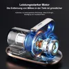 A close-up, stylized illustration of a vacuum cleaner motor with glowing blue energy effects, highlighting its power and internal components. Text overlays describe its performance. Produktbild-Vorschau