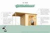 A diagrammatic illustration of a wooden garden house with callouts highlighting its features. Produktbild-Vorschau