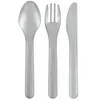 A set of cutlery including a spoon, fork, and knife, arranged side-by-side against a white background. Anteprima dell’immagine prodotto