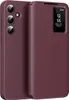 A red flip case for a Samsung Galaxy S24+ phone is shown, with the smart view window displaying the time and date. Produktbild-Vorschau