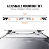 Diagram showing adjustable roof rack dimensions and a roof rack installed on a car. Náhľad obrázku produktu