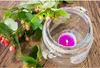 A sprig of hypericum berries with small pink buds and green leaves rests next to a glass jar lantern with a lit purple candle inside. The lantern is wrapped with twine. Podgląd zdjęcia produktu