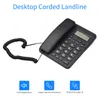 A black desktop corded landline telephone is shown on a white background, with three feature icons and descriptions below. Náhľad obrázku produktu