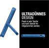 A blue power bank with its stand extended on a white background, and a side view of the power bank on a black background with text. Produktbild-Vorschau